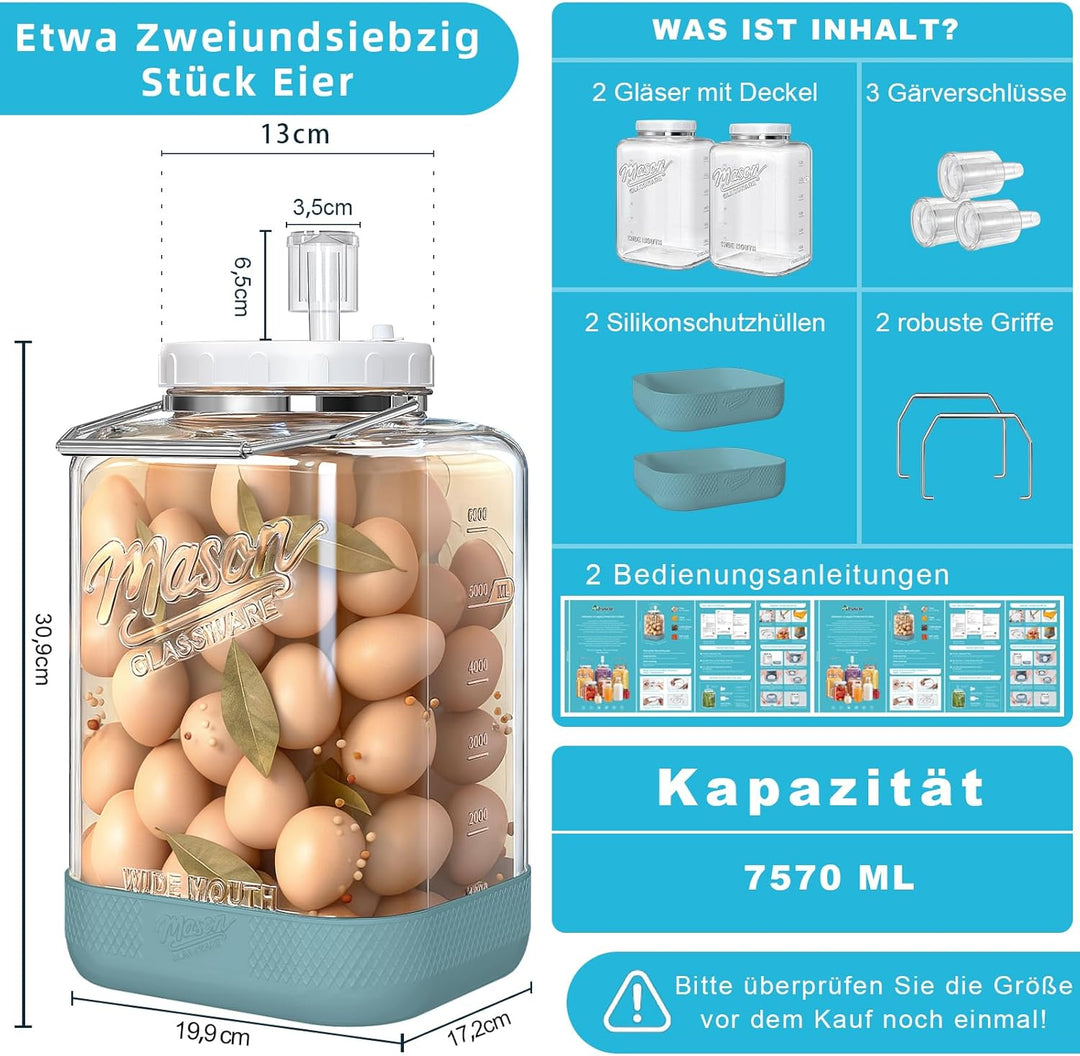 Absovetu 2er Set Grosse Fermentiergläser mit Luftschleuse 7,5 L - Fermentierglas Mason Jar Gläser Gä