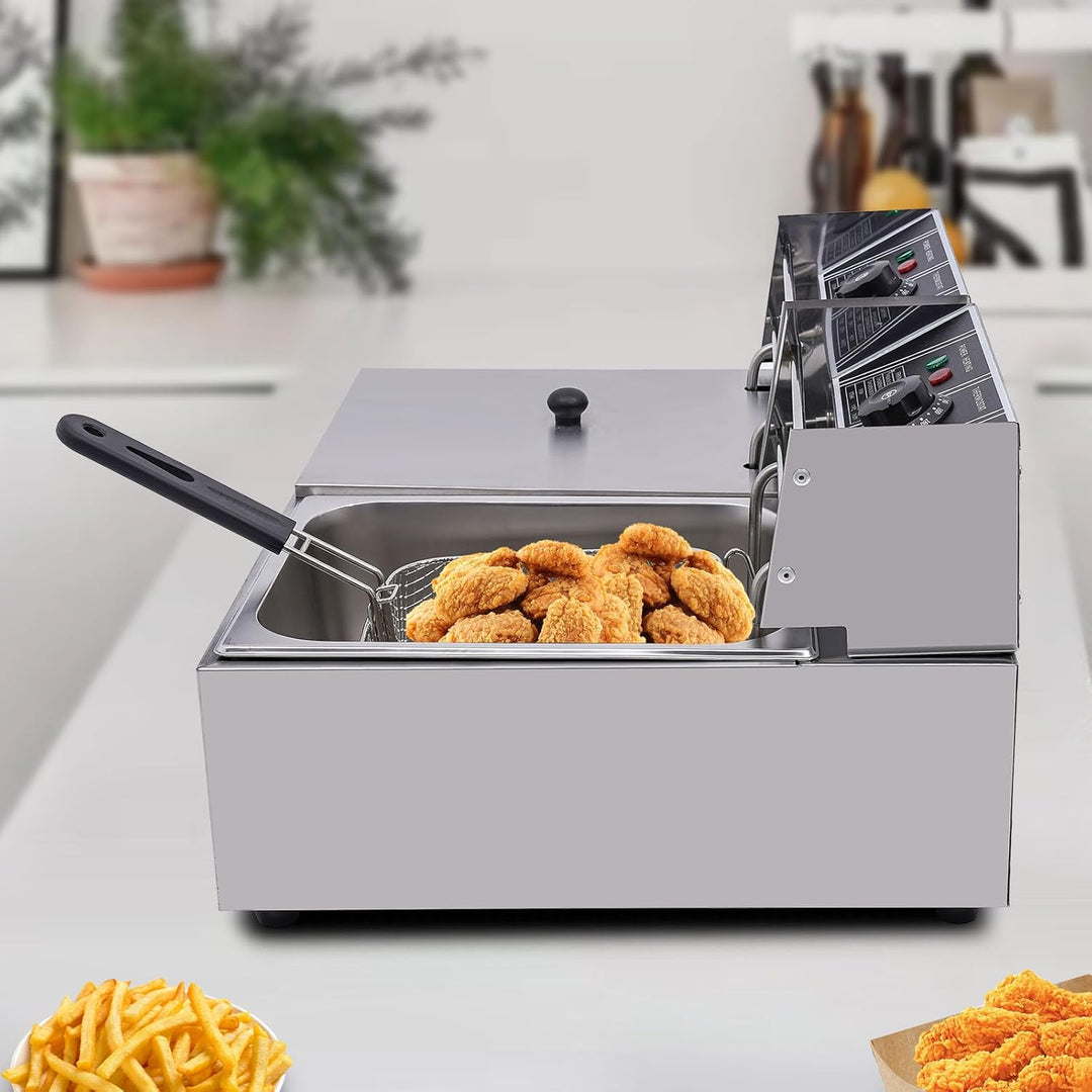5000W Edelstahl Doppel Fritteuse, 2 * 6L Profi Friteuse Fritteuse mit Korb Dual Tank Elektro-Fritteu