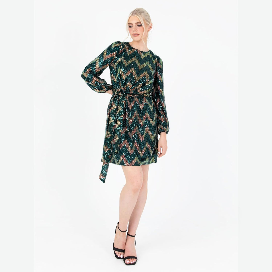Women's Mini Dress Ladies Short Sequin Embellished Long Sleeve Round Neck Tie Belt Zig-Zag for Party