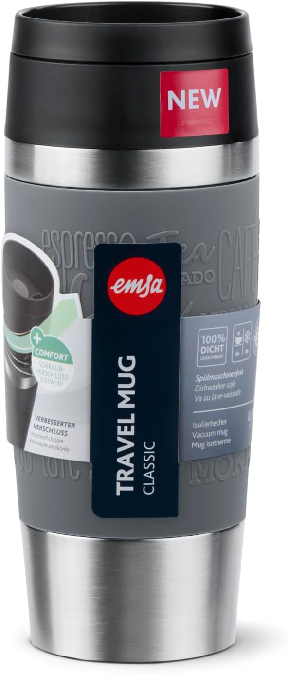 Emsa N20205 Travel Mug Classic Isolierbecher 0,36 Liter | neuer Komfort-Schraubverschluss | Edelstah