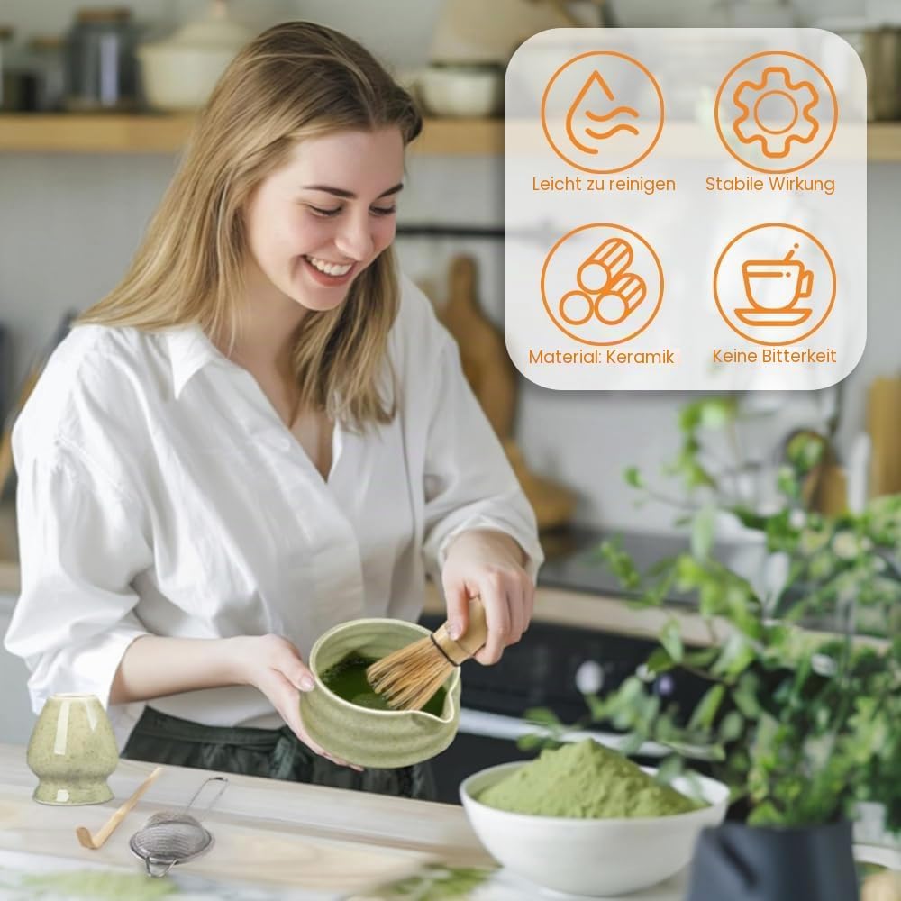 Matcha Set Grün,Macha Tea Set mit MatchaSchale Löffel Sieb Whisk Besen und Matcha Besen Halter,Cerem