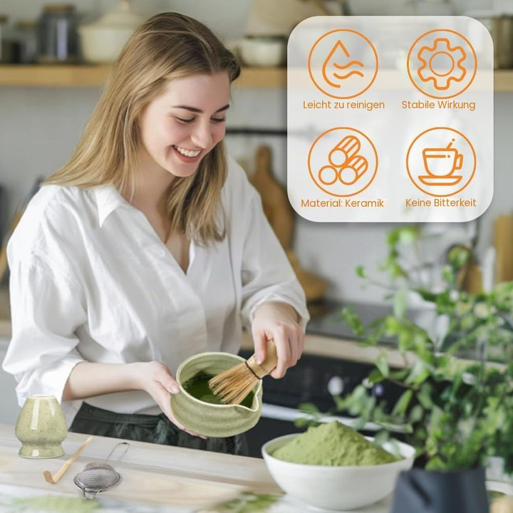 Matcha Set Grün,Macha Tea Set mit MatchaSchale Löffel Sieb Whisk Besen und Matcha Besen Halter,Cerem
