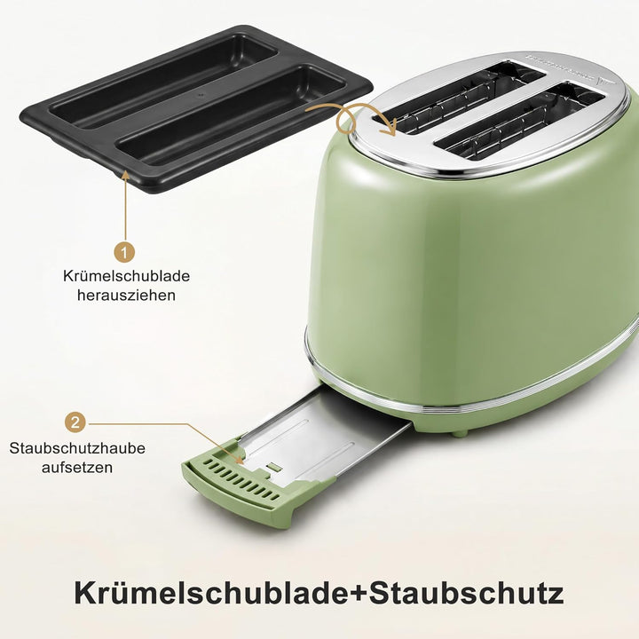 Retro Toaster 2 Scheiben Edelstahl – Brötchenaufsatz, 6 Röststufen, Vorheiz- und Auftaufunktion, Abs