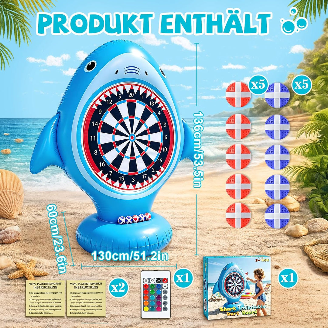 Aufblasbare Dartscheibe Hai für Pool, Wurfspiel mit 10 Klettbällen, Wasserspielzeug für Kinder & Erw