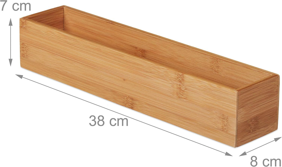 8 x Bambus Box, Aufbewahrung Bad, Küche & Schreibtisch, länglich & schmal, Ordnungsbox, HxBxT: 7 x 3