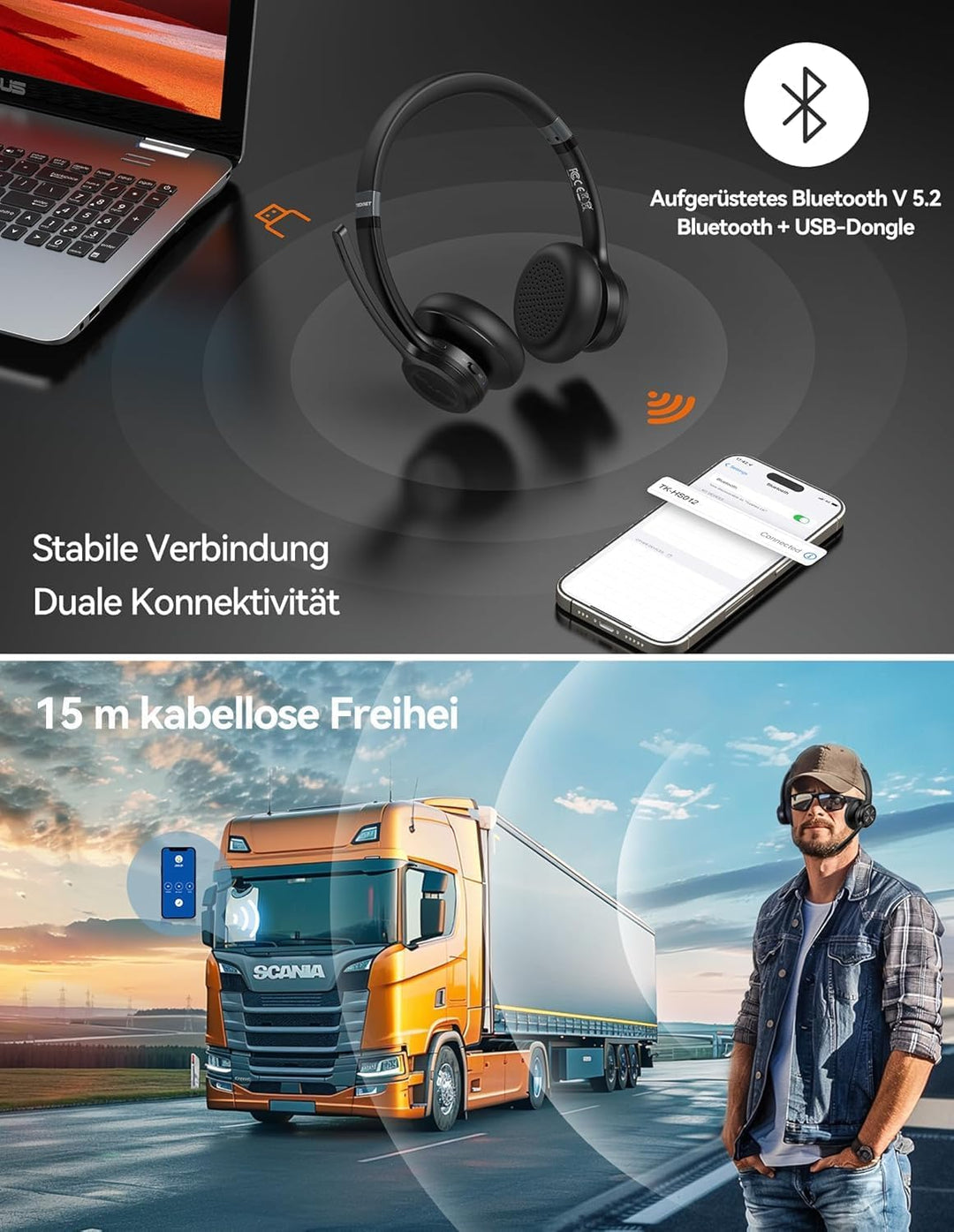TECKNET Bluetooth-Headset mit Mikrofon, USB-Dongle, Noise Cancelling | Bluetooth 5.2 oder USB-Dongle
