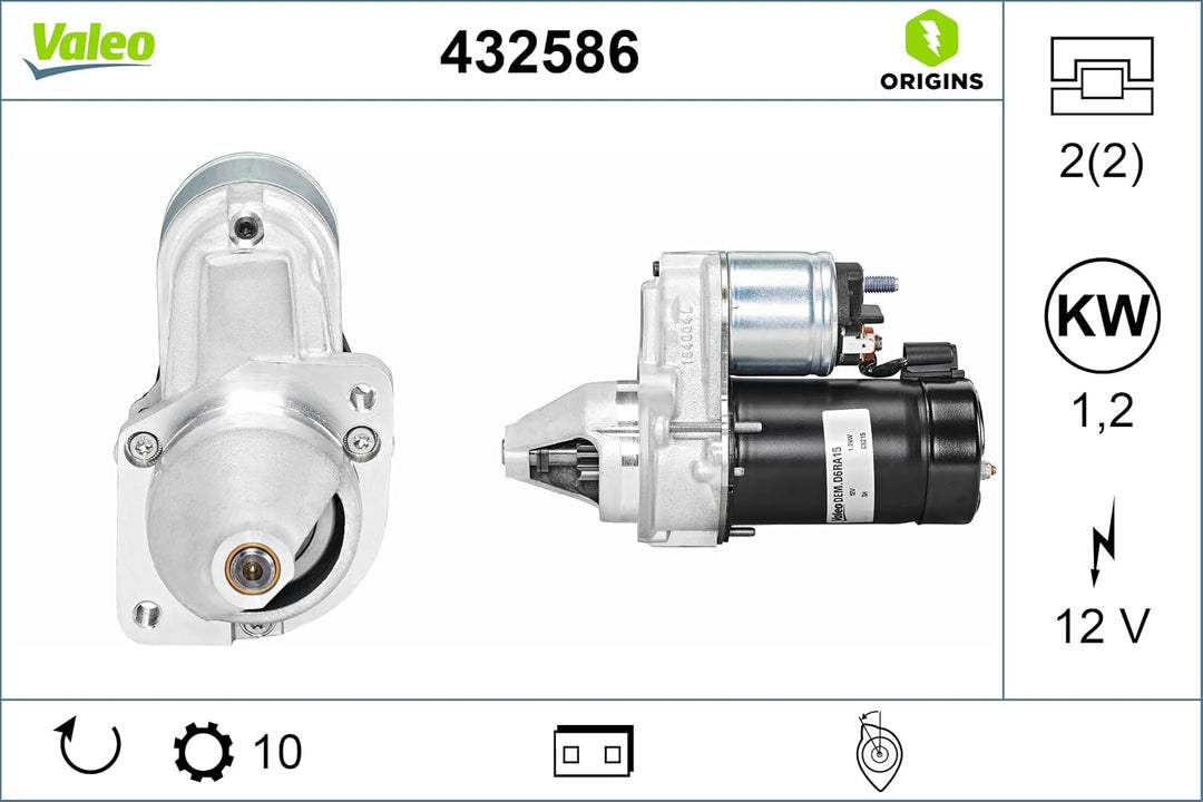VALEO 432586 Starter Nennleistung: 1,2 kW Stop &amp; Start: NO Zähnezahl: 9 zähne Spannung: 12 V Drehric