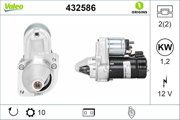 VALEO 432586 Starter Nennleistung: 1,2 kW Stop &amp; Start: NO Zähnezahl: 9 zähne Spannung: 12 V Drehric