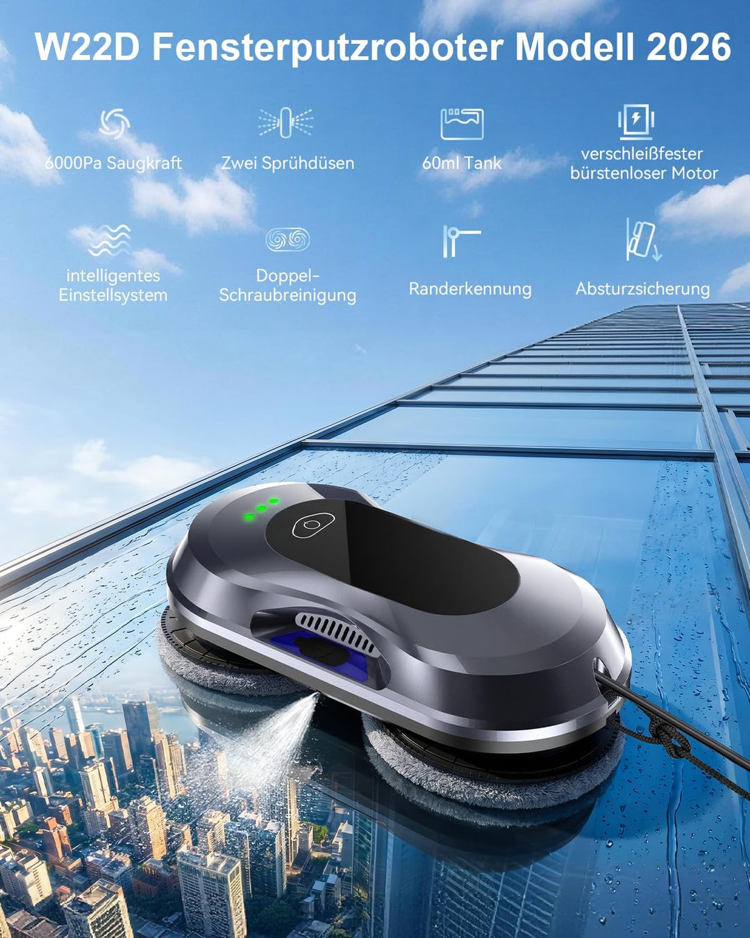 Keero Fensterputzroboter, 6000Pa, Doppeldüsen-Sprühfunktion,