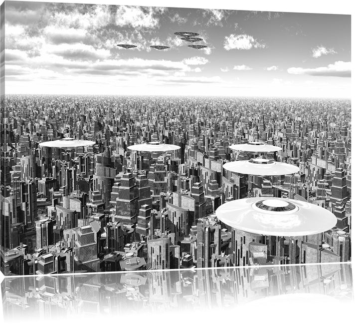 Pixxprint UFO´s über der Stadt Kunst B&amp;W als Leinwandbild | Grösse: 100x70 cm | Wandbild | Kunstdruc