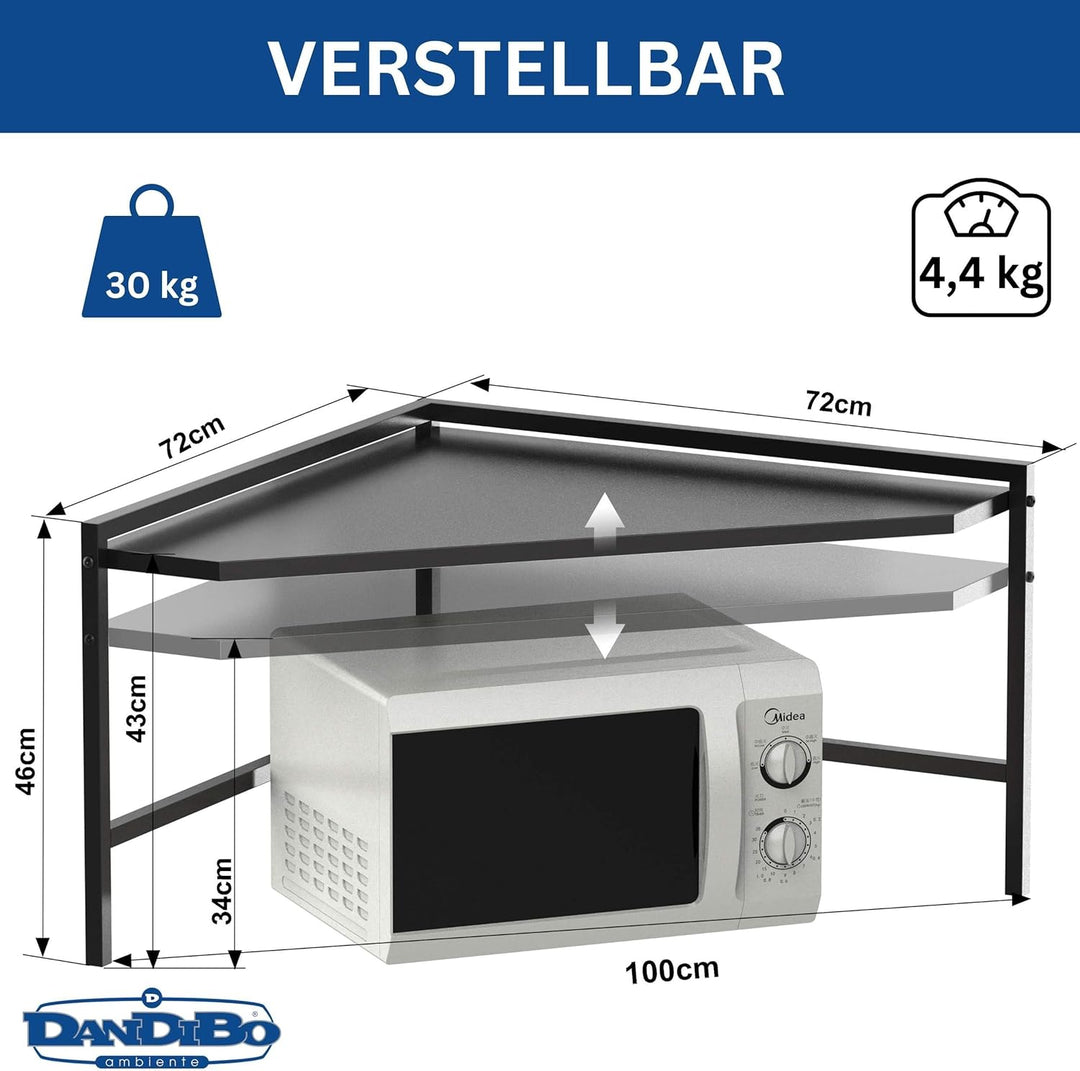 DanDiBo Eckregal Küche Arbeitsplatte Küchenregal 72x72 cm Mikrowellenregal Schwarz 2 Stufig 96688 Mi