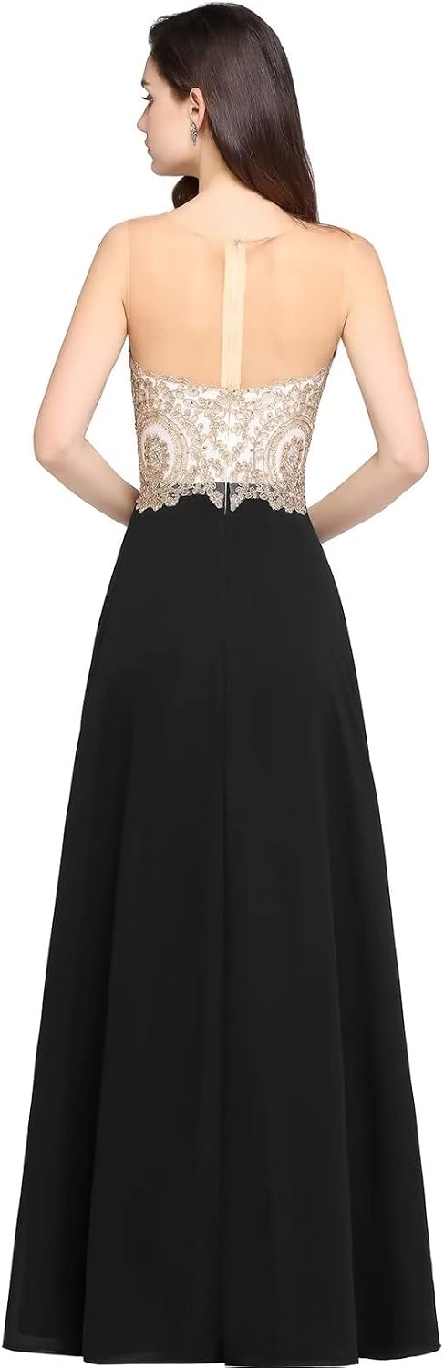 Misshow Abendkleid Chic Lang mit floralen Applikationen aus Chiffon Gr. 30 Schwarz, 30 Schwarz