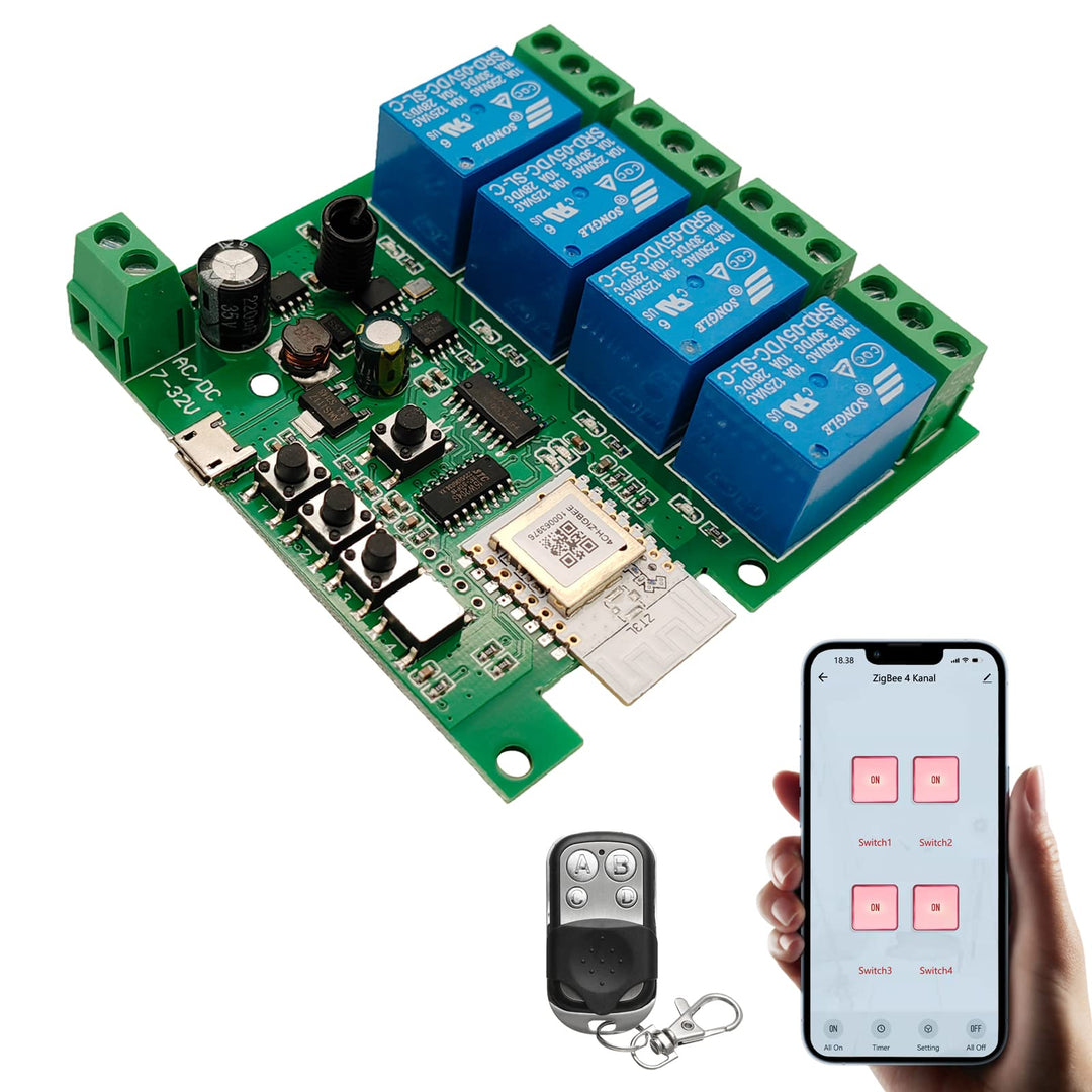 Jane Eyre 4 Kanal Tuya Zigbee Smart Switch, Jog/Selbstsperrendes Relais DC/AC 7-32V mit 433Mhz RF Fe
