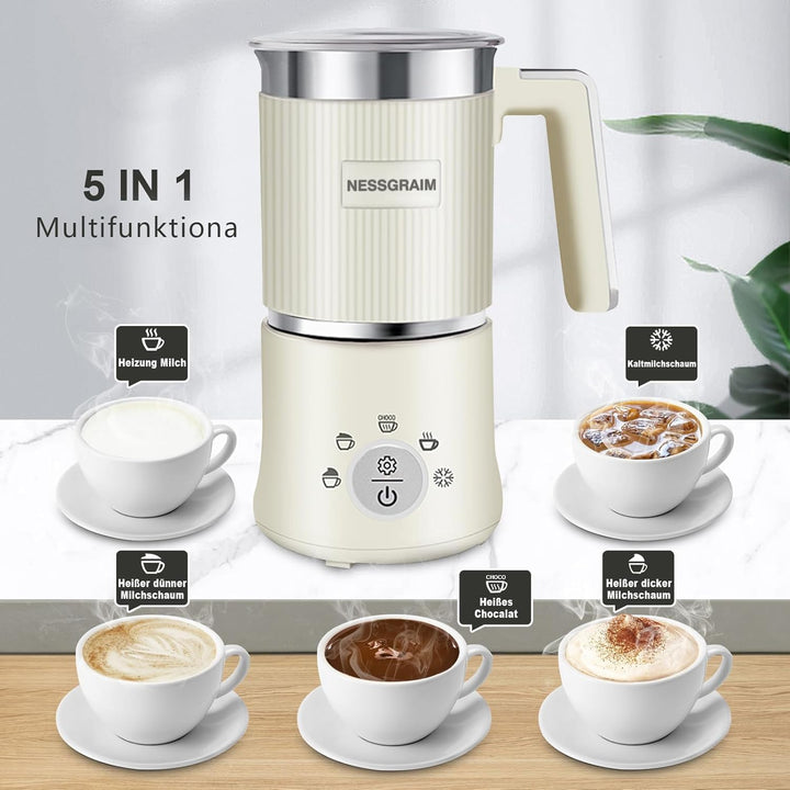 Milchaufschäumer Elektrisch 5-in-1, Milchschäumer Spülmaschinenfest mit Kakao Funktion für heisser S