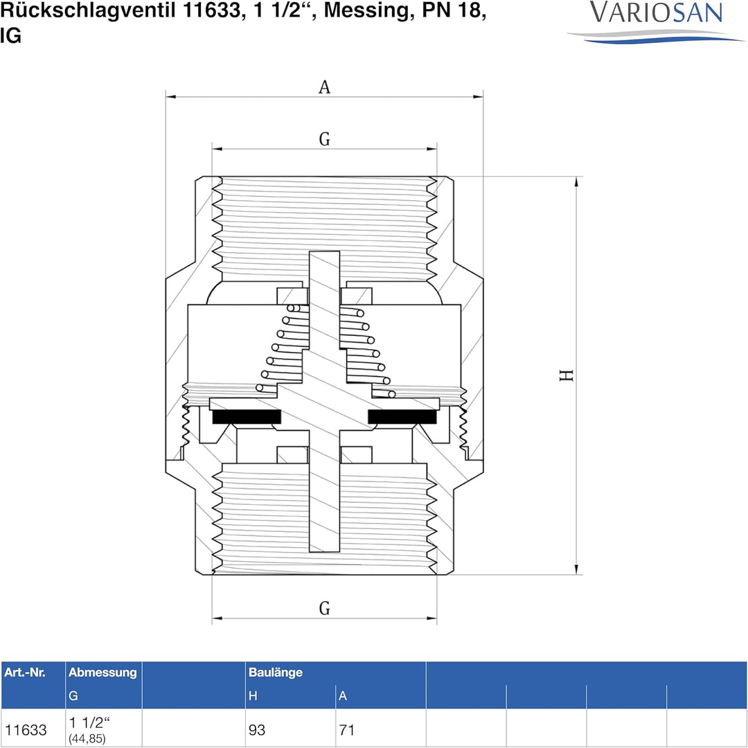 VARIOSAN Rückschlagventil 11633, 1 1/2", Messing, PN 18, IG, 1 1/2"