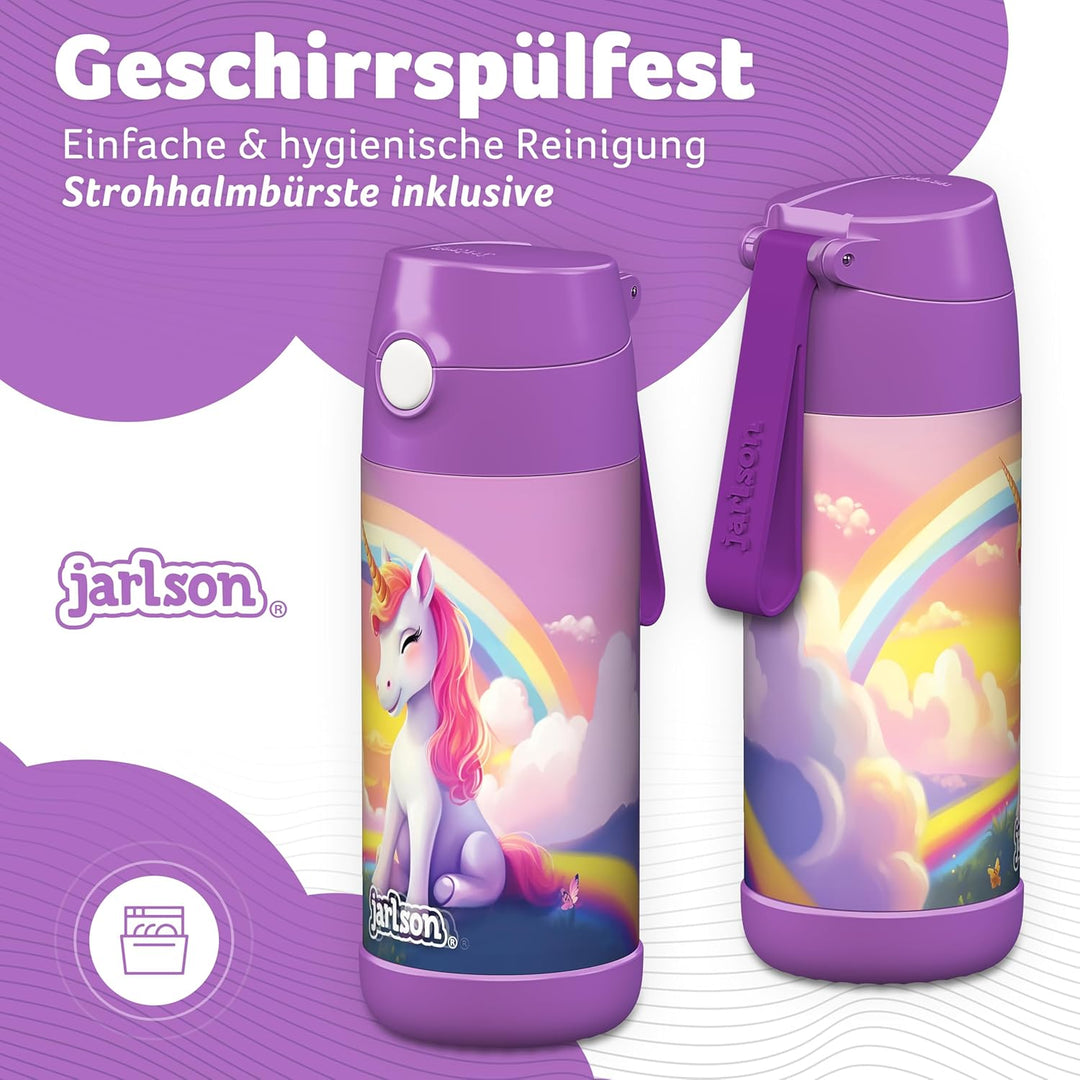 JARLSON® Trinkflasche Kinder Edelstahl "CHARLI" mit Strohhalm - Thermosflasche 350ml - TÜV geprüft -