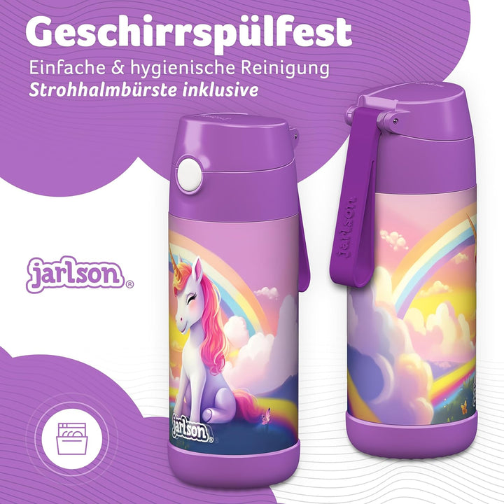 JARLSON® Trinkflasche Kinder Edelstahl "CHARLI" mit Strohhalm - Thermosflasche 350ml - TÜV geprüft -