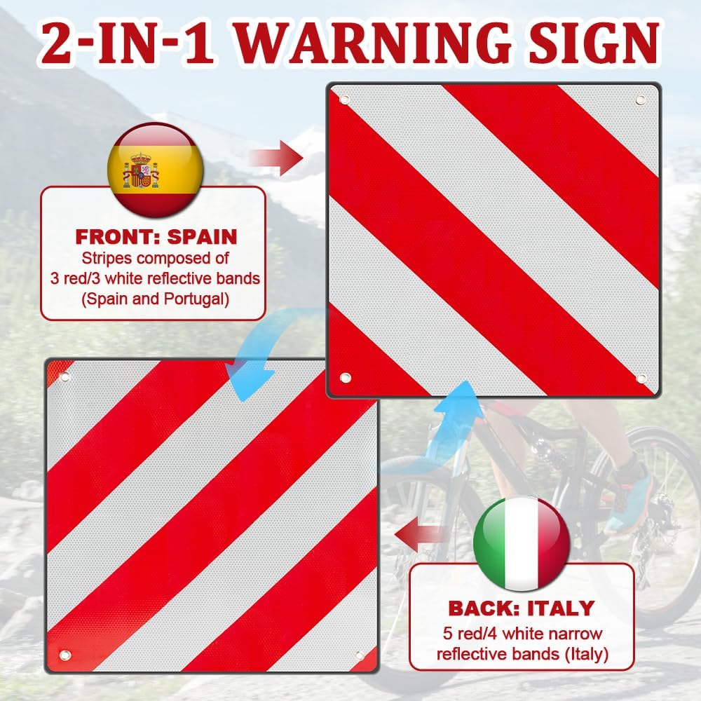 2 in1 Aluminium Warning Sign for Italy/Spain, 50X50cm Warning Sign Italy and Spain with 4 Tie Down S