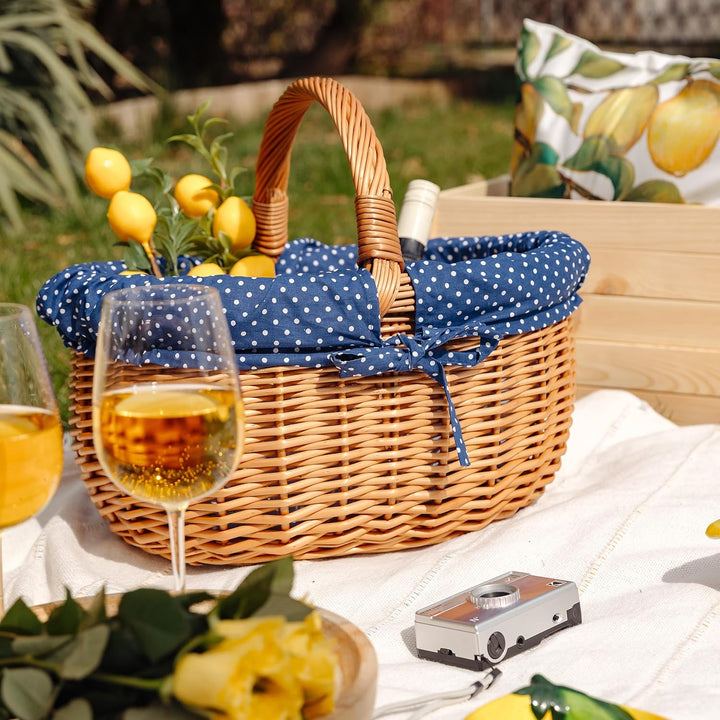 Creative Home Grosser Picknickkorb mit Stoffeinlage blau mit Pünktchen | Weidenkorb mit Henkel | Ein