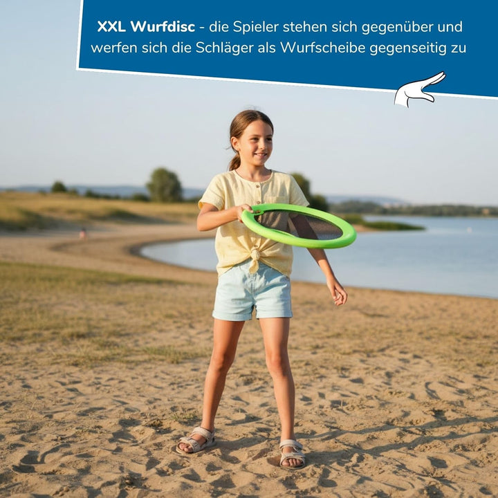 alldoro 68714 Beachball-Set 4in1, XL-Federball, XL-Soft-Tennis, Beachball &amp; Wurfscheibe, wetterfeste