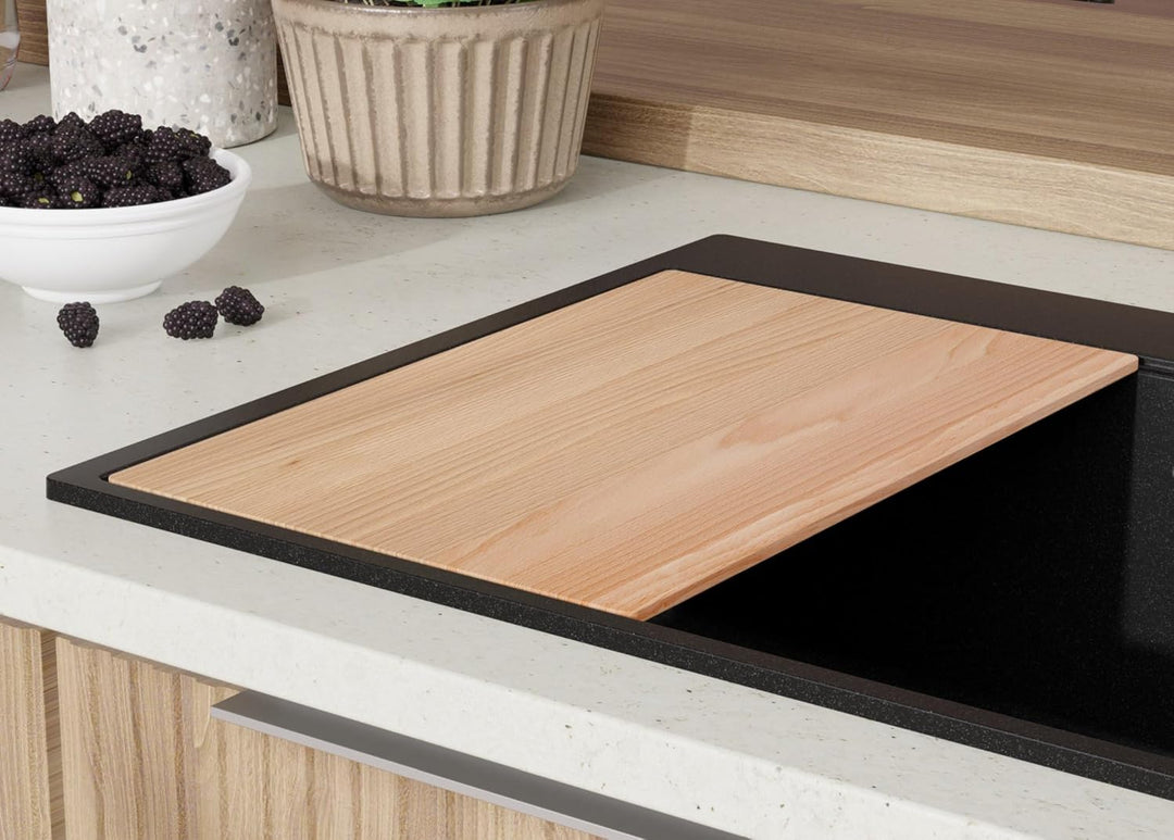 Spülbecken Schwarz 88x50cm, Granitspüle 1 Becken + Ablauf-Set + Schneidebrett, Küchenspüle ab 90er U