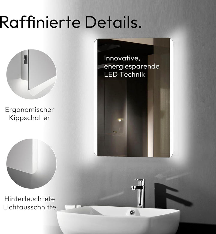 Talos Badspiegel mit Beleuchtung Chic - Badezimmerspiegel 50 x 70 cm - Badspiegel mit hinterleuchtet