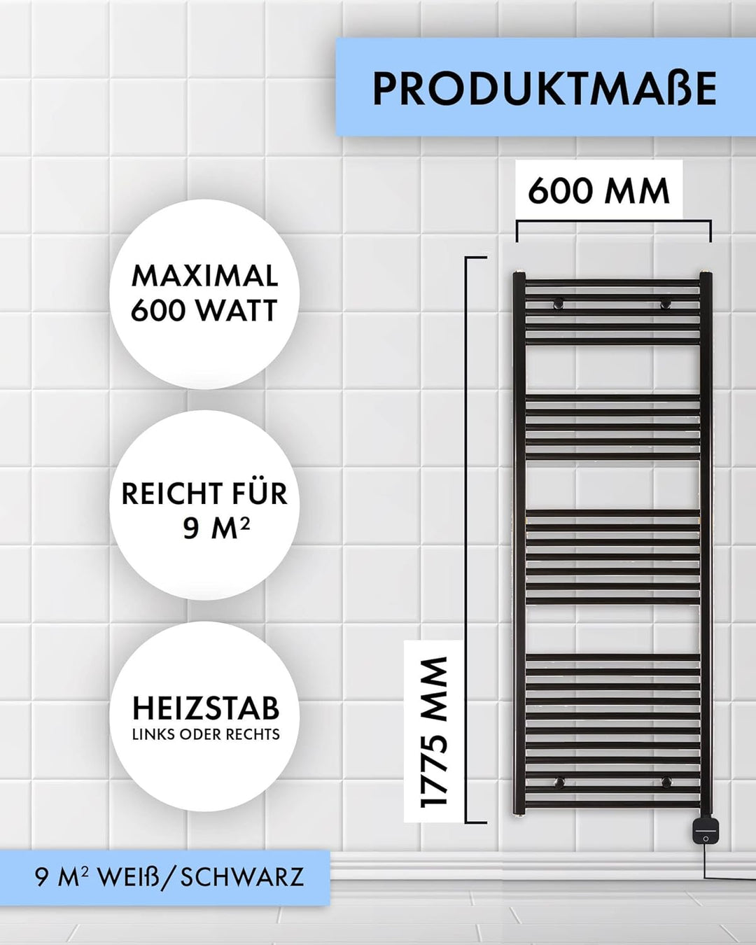 anapont elektrischer Badheizkörper 1775hx600b - schwarz - mit Timer-Funktion - Handtuchheizkörper -