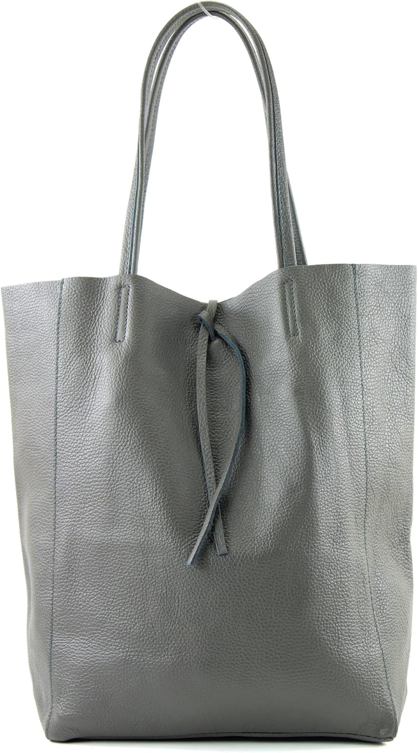 modamoda de - T163 - Ital. Shopper Large mit Innentasche aus Leder Dunkelgrau, Dunkelgrau