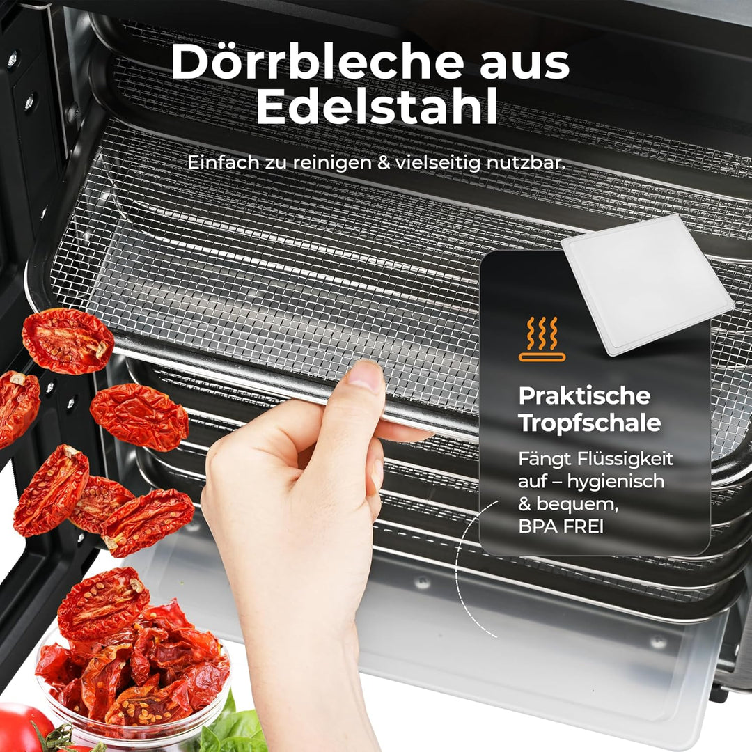 Balter Dörrautomat Edelstahl, Dörrgerät mit 7 Einlegefächern, BPA-frei, 600 W, 35°–75°C, Timer bis 4