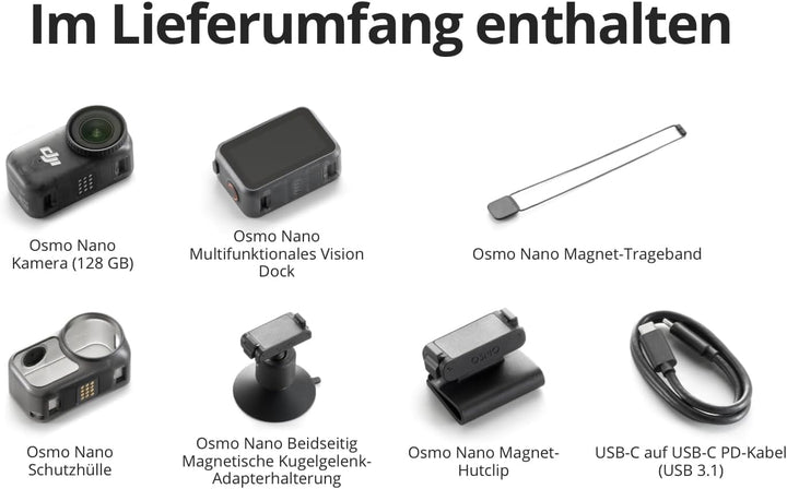 DJI Osmo Nano (128GB) mit Tasche + Displayschutzfolie - 4K/60fps kleine POV Vlogging-Kamera mit 1/1,