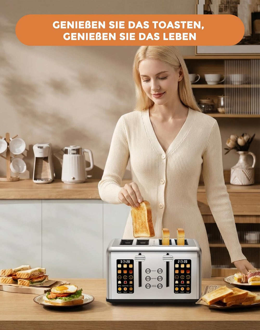 Toaster 4 Scheiben, LED-Touchscreen, Edelstahl Langschlitztoaster, 6 Bräunungsstufen, 6 Brotprogramm