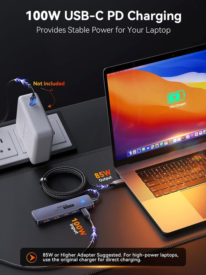 QUUGE USB C Hub 10 Gbps, PD100W, 2 USB-C & 2 USB-A 3.2 Datenports, Multiport Adapter mit 100cm Nylon