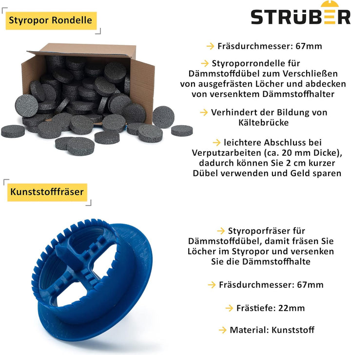 WDVS SET (Grau Styropor Rondelle 500 Stk. + Styroporfräser 1 Stk.) Satz für Fassadendämmung Wärmedäm