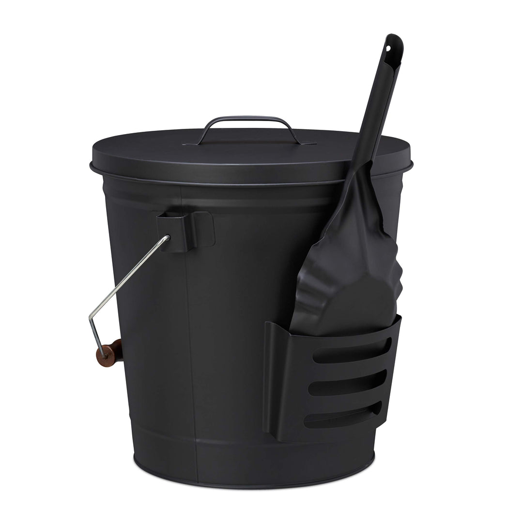 Relaxdays, schwarz Ascheeimer mit Deckel und Schaufel, Stahl, Kohleeimer mit Henkel, 19 L, Aschescha