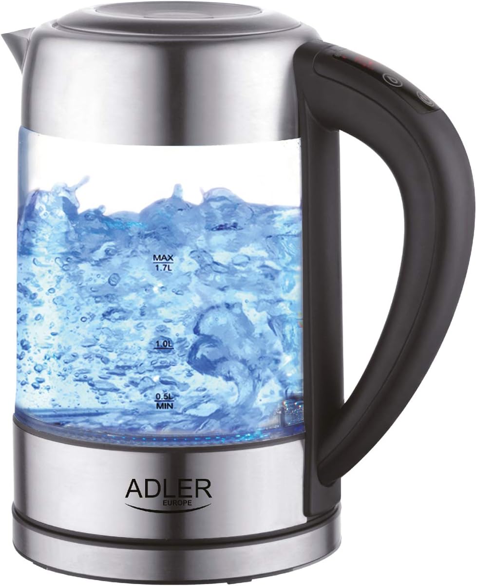 Adler AD 1247 Wasserkocher aus Edelstahl und Glas, 1,7L, 2200 W, digitaler Glaswasserkocher mit Temp