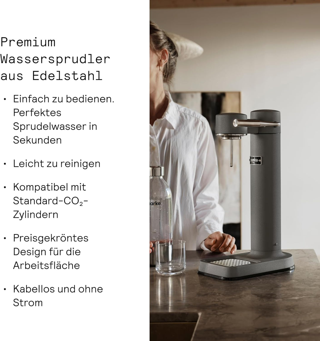 Aarke Carbonator 3, Premium Wassersprudler aus Edelstahl mit Aarke Flasche, Mattgrau Finish, Mattgra