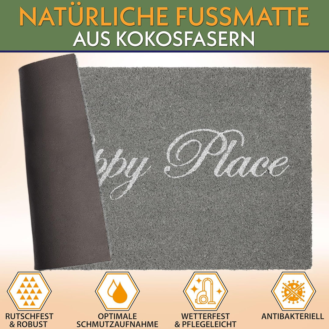 BRUBAKER Fussmatte für Aussen und Innen - Happy Place - 45 x 75 cm Schmutzfangmatte aus Kokos - Anti