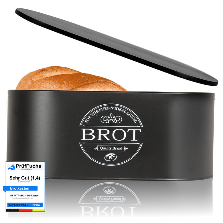IDEALTASTIC® Premium 2-in-1 Brotkasten schwarz mit effizientem Schneidebrett-Deckel I Länger frischh