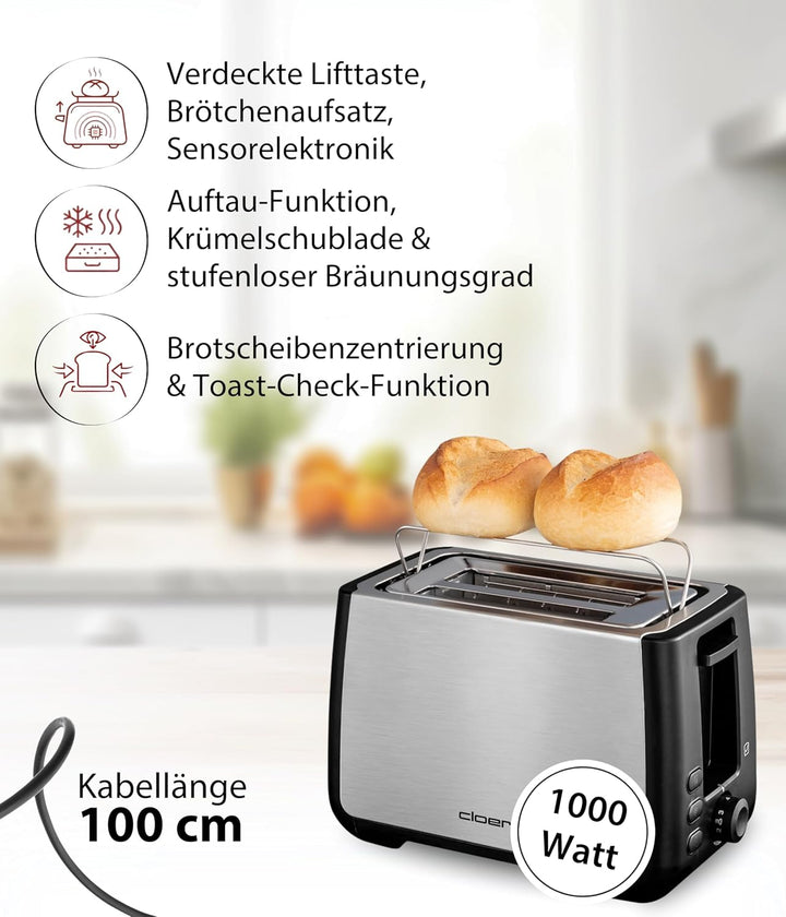 Cloer 3569 King-Size-Toaster für 2 XXL Scheiben, Check-Funktion, Edelstahlgehäuse, 1000 Watt, schwar