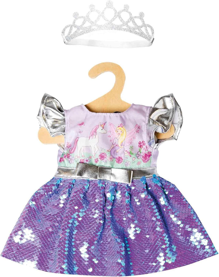 Heless 1131 - Kleid für Puppen im Design Fee und Einhorn, mit Wendepailletten und silberner Krone, G