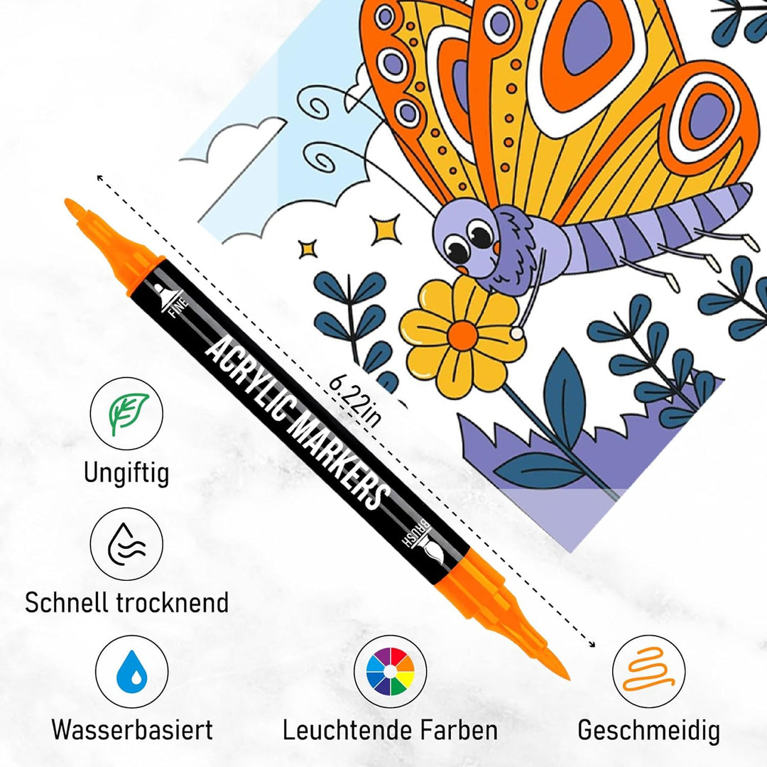 Pamaker 72 Farben Acrylstifte Set – Acrylmarker mit feiner Spitze und Pinsel für Stoff, Leinwand, Gl