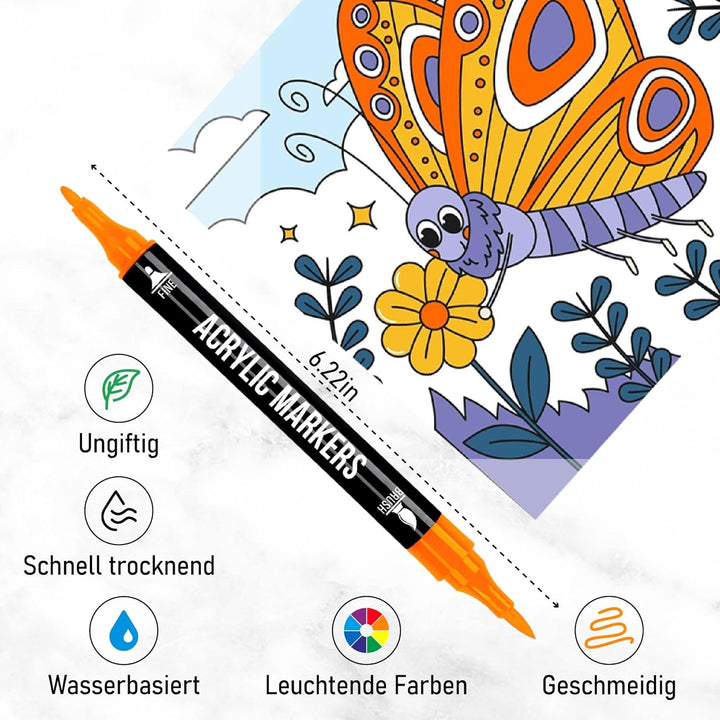 Pamaker 72 Farben Acrylstifte Set – Acrylmarker mit feiner Spitze und Pinsel für Stoff, Leinwand, Gl