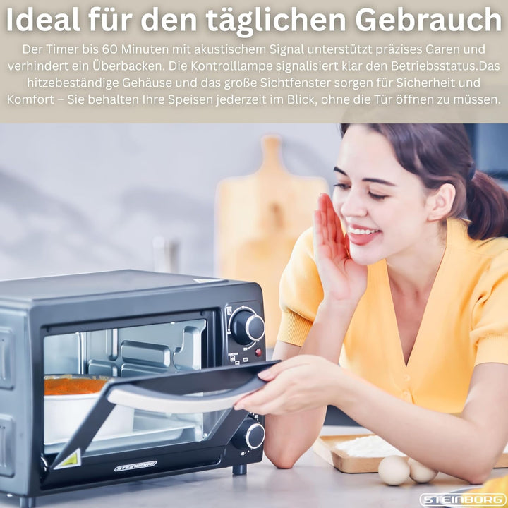 Mini Backofen 15 Liter | Pizzaofen | Minibackofen | 60 min Timer | 100°-230°C | 1200 Watt | Backofen