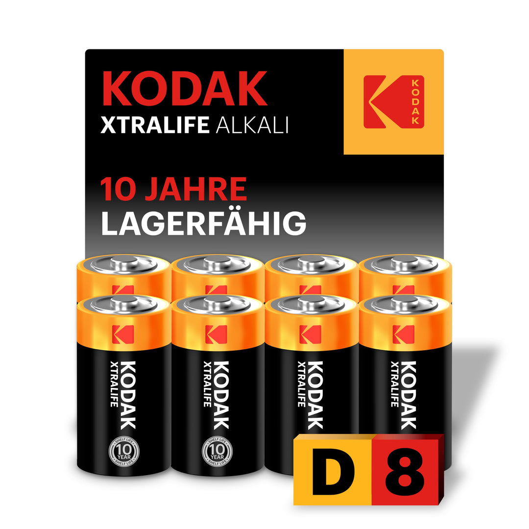 Kodak | D Zellen Batterien | 8 Stück | Einweg Alkalibatterie, LR20 | 1,5 V 8 Stück D, 8 Stück D