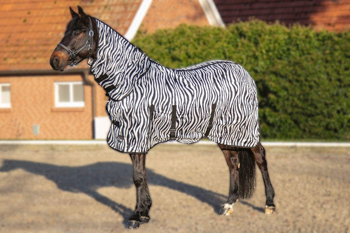 HKM Fliegendecke mit Halsteil -Zebra- mit Bauchlatz, weiss/schwarz, 125 weiss/schwarz Rückenlänge 12