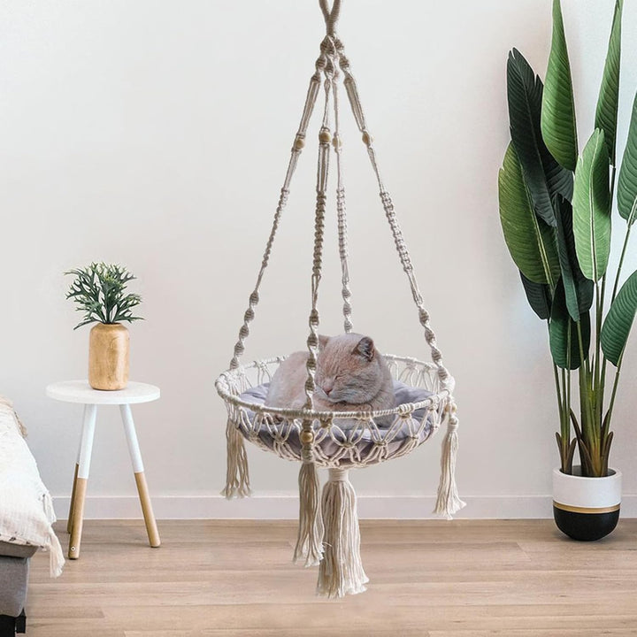 Generisch Macrame Katzen Hängematte - Makramee Hängesessel Im Boho Stil - Geflochtener Baumwollnetzk