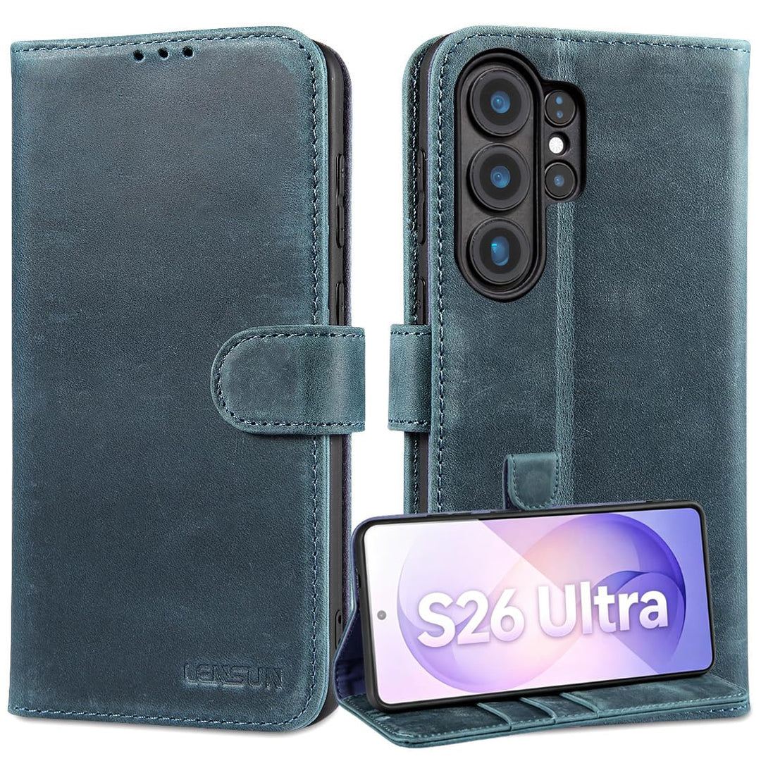LENSUN Echtleder Handyhülle für Samsung Galaxy S26 Ultra, Leder Hülle [Bookstyle][RFID Schutzhülle][