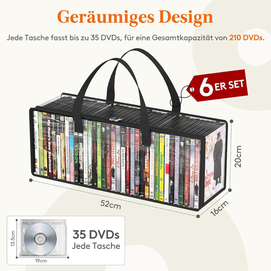 Lifewit DVD Aufbewahrungstaschen 6er, Durchsichtige PVC DVD Hüllenhalter mit Griffen, Frontfenster m