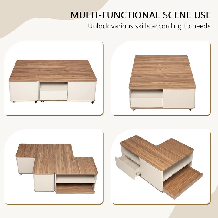 Couchtisch mit Rollen, Wohnzimmertisch Holz mit 2 Schublade, Modulare Ausgefallene Couchtische, Kaff