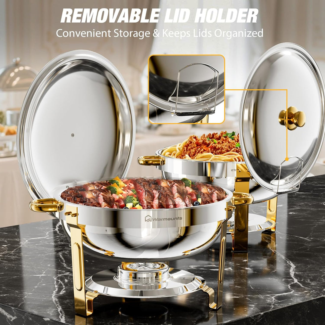 WARMOUNTS Chafing Dishes für Buffet 5L 2er Set Silber &amp; Gold, Lebensmittelqualität Edelstahl Chafers